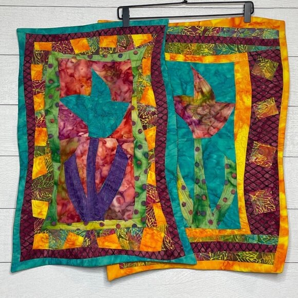 Handmade Tulip Floral Quilted Wall Hangings Place Mats Purple Teal Batik Fabric - Picture 1 of 11